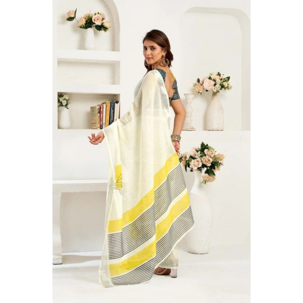Generic Women's Faux Linen Floral Print Ready to wear Saree With Unstitched Blouse 5.5Mtr (Off_White)