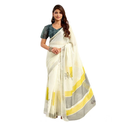 Generic Women's Faux Linen Floral Print Ready to wear Saree With Unstitched Blouse 5.5Mtr (Off_White)