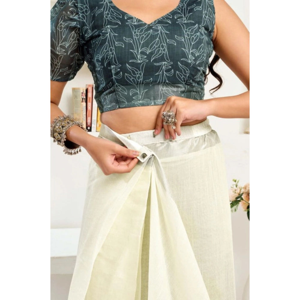 Generic Women's Faux Linen Floral Print Ready to wear Saree With Unstitched Blouse 5.5Mtr (Off_White)