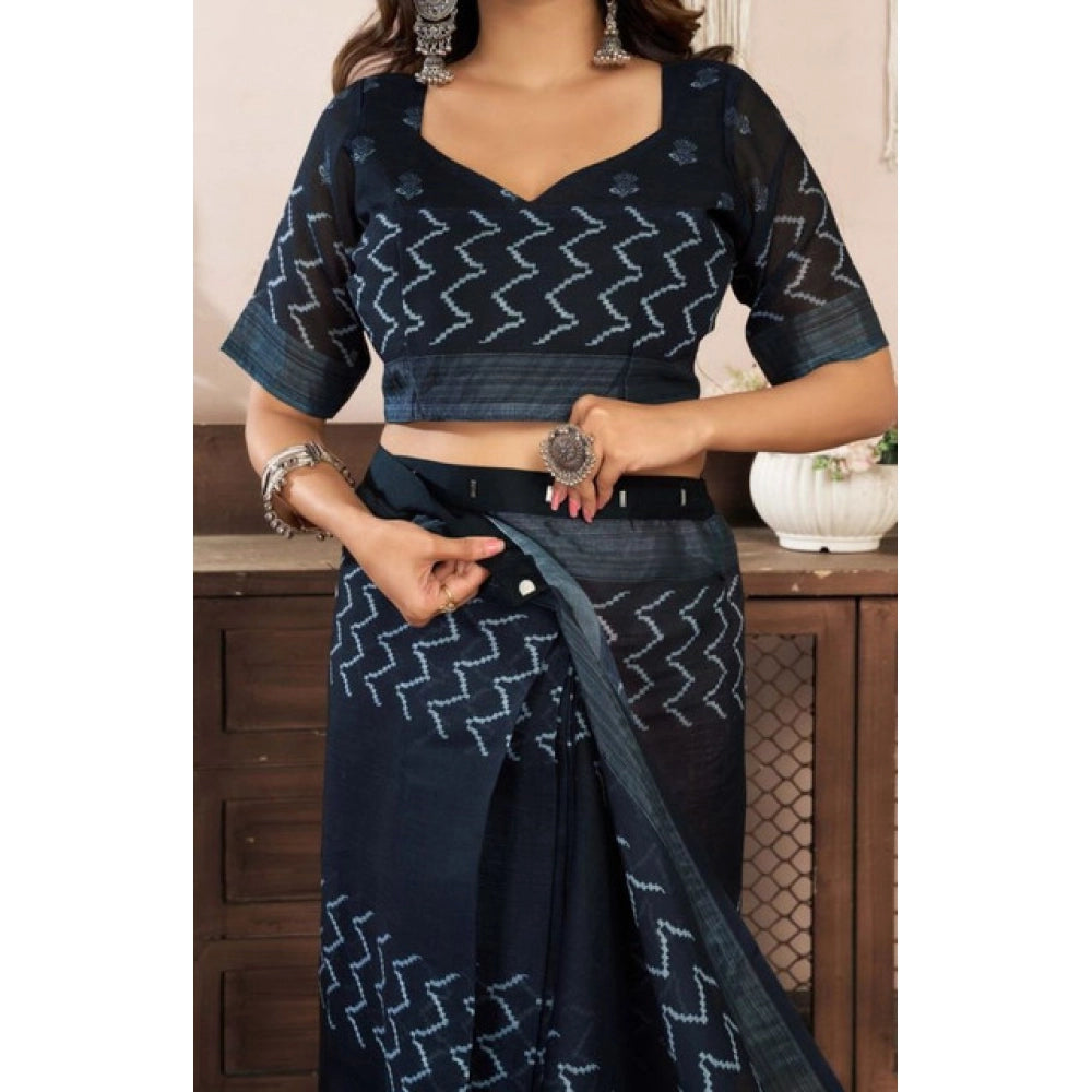 Generic Women's Faux Linen Geometric Print Ready to wear Saree With Unstitched Blouse 5.5Mtr (Black)