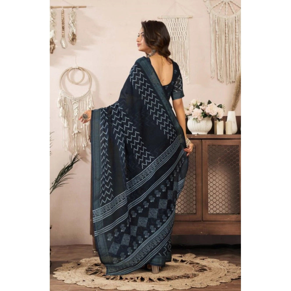 Generic Women's Faux Linen Geometric Print Ready to wear Saree With Unstitched Blouse 5.5Mtr (Black)