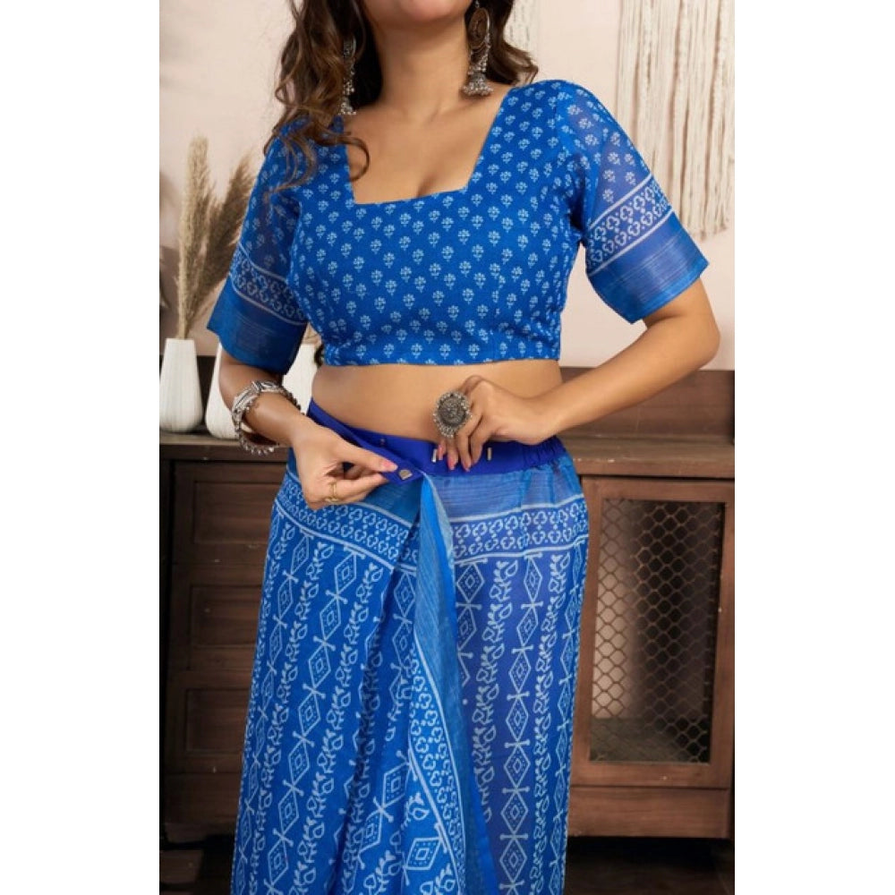 Generic Women's Faux Linen Geometric Print Ready to wear Saree With Unstitched Blouse 5.5Mtr (Blue)