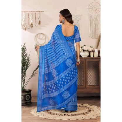 Generic Women's Faux Linen Geometric Print Ready to wear Saree With Unstitched Blouse 5.5Mtr (Blue)