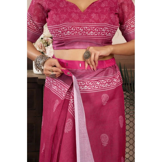 Generic Women's Faux Linen Floral Print Ready to wear Saree With Unstitched Blouse 5.5Mtr (Pink)