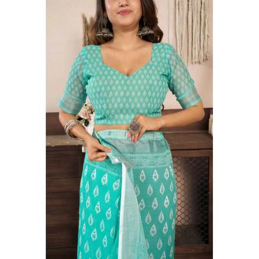 Generic Women's Faux Linen Leaf Print Ready to wear Saree With Unstitched Blouse 5.5Mtr (SeaGreen)