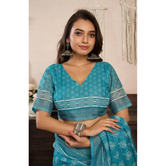 Generic Women's Faux Linen Floral Print Ready to wear Saree With Unstitched Blouse 5.5Mtr (AquaBlue)