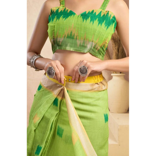 Generic Women's Faux Linen Floral Print Ready to wear Saree With Unstitched Blouse 5.5Mtr (Green)