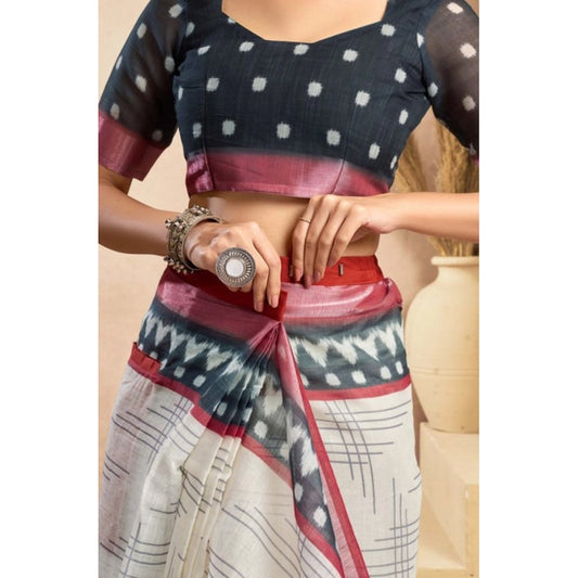 Generic Women's Faux Linen Floral Print Ready to wear Saree With Unstitched Blouse 5.5Mtr (OffWhite)