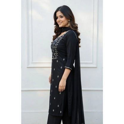 Generic Women's Georgette Ethnic Motif Round 3/4th Sleeve Kurti With Pant Dupatta Set (Black)