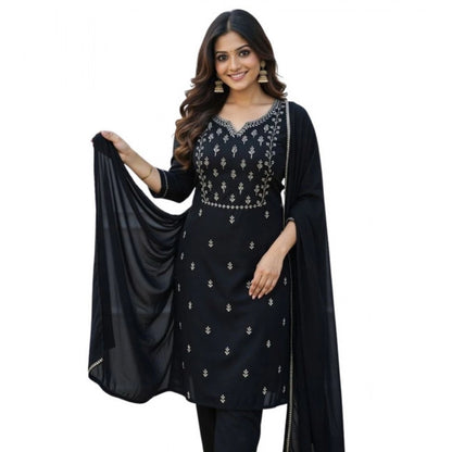 Generic Women's Georgette Ethnic Motif Round 3/4th Sleeve Kurti With Pant Dupatta Set (Black)