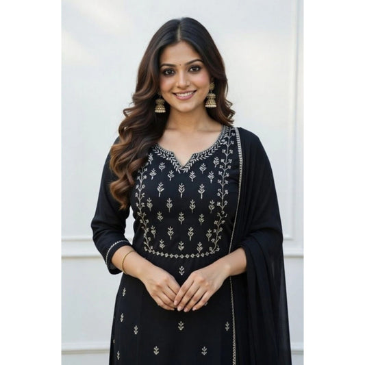 Generic Women's Georgette Ethnic Motif Round 3/4th Sleeve Kurti With Pant Dupatta Set (Black)