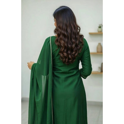 Generic Women's Georgette Ethnic Motif Round 3/4th Sleeve Kurti With Pant Dupatta Set (Green)