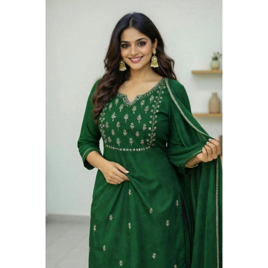 Generic Women's Georgette Ethnic Motif Round 3/4th Sleeve Kurti With Pant Dupatta Set (Green)