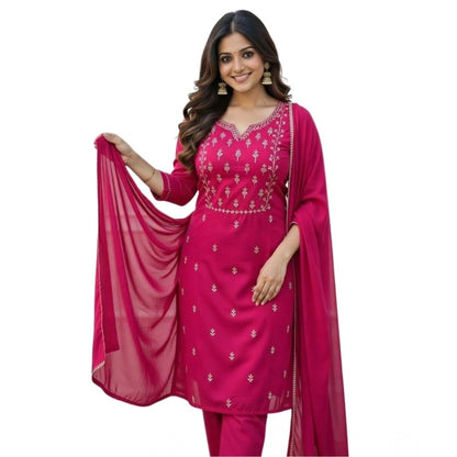 Generic Women's Georgette Ethnic Motif Round 3/4th Sleeve Kurti With Pant Dupatta Set (Pink)
