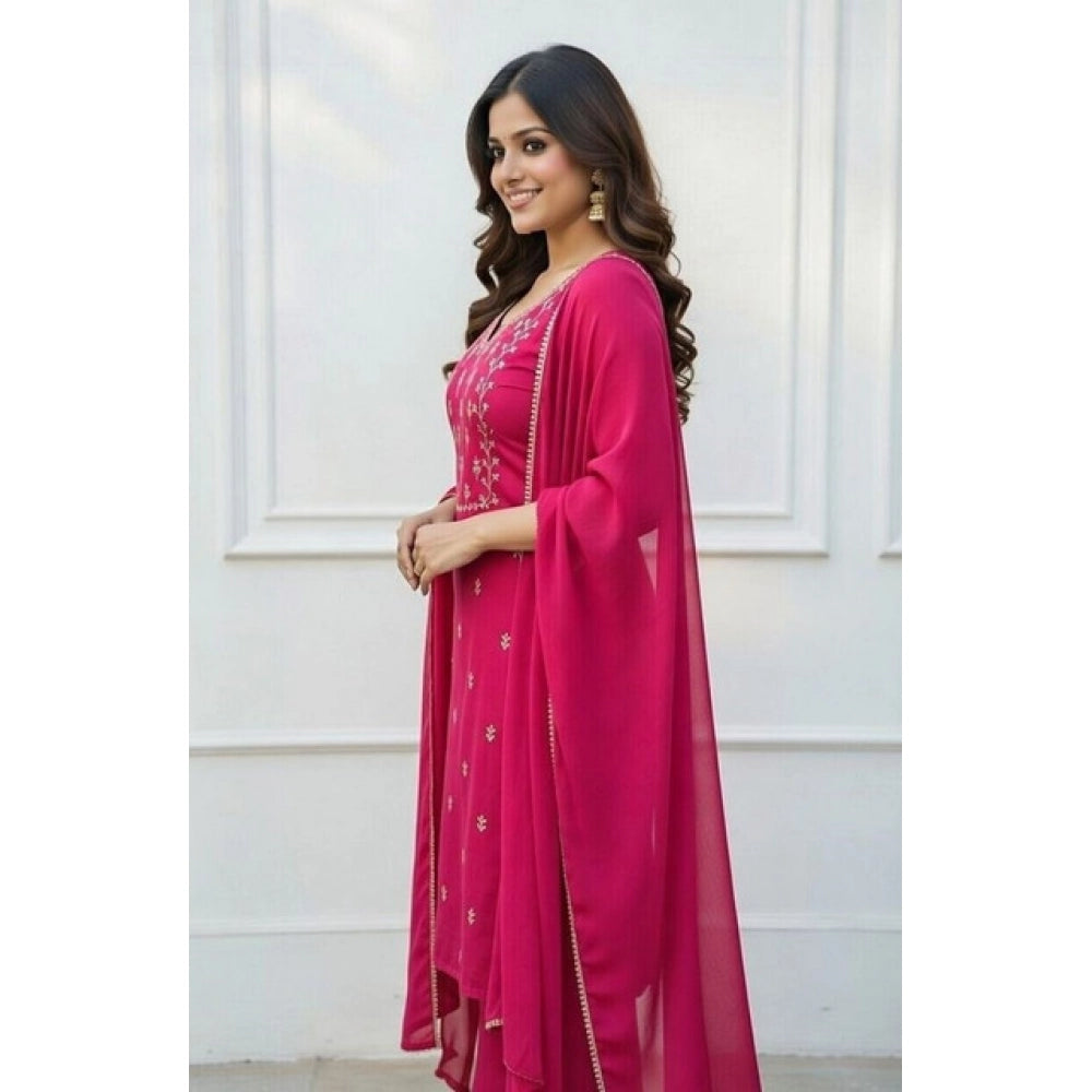 Generic Women's Georgette Ethnic Motif Round 3/4th Sleeve Kurti With Pant Dupatta Set (Pink)
