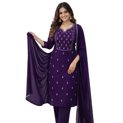 Generic Women's Georgette Ethnic Motif Round 3/4th Sleeve Kurti With Pant Dupatta Set (Purple)