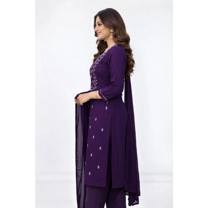 Generic Women's Georgette Ethnic Motif Round 3/4th Sleeve Kurti With Pant Dupatta Set (Purple)