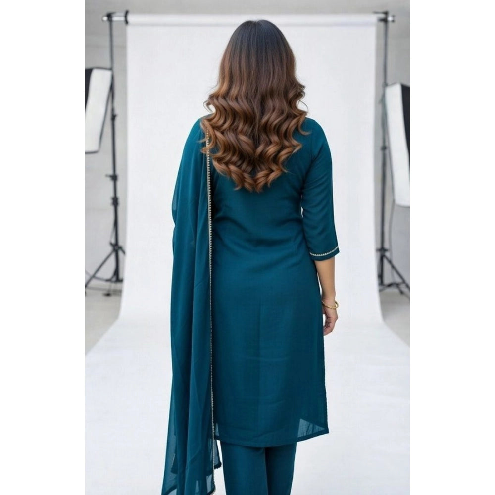 Generic Women's Georgette Ethnic Motif Round 3/4th Sleeve Kurti With Pant Dupatta Set (Teal)