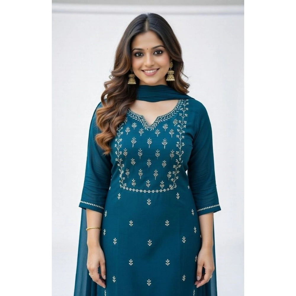 Generic Women's Georgette Ethnic Motif Round 3/4th Sleeve Kurti With Pant Dupatta Set (Teal)