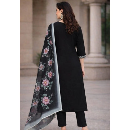 Generic Women's Chanderi Silk Ethnic Motif V-Neck 3/4th Sleeve Kurti With Pant Dupatta Set (Black)