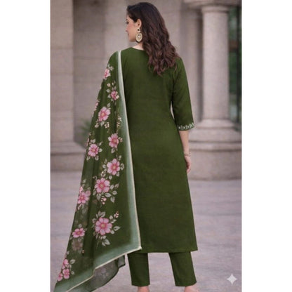 Generic Women's Chanderi Silk Ethnic Motif V-Neck 3/4th Sleeve Kurti With Pant Dupatta Set (Mahendi)