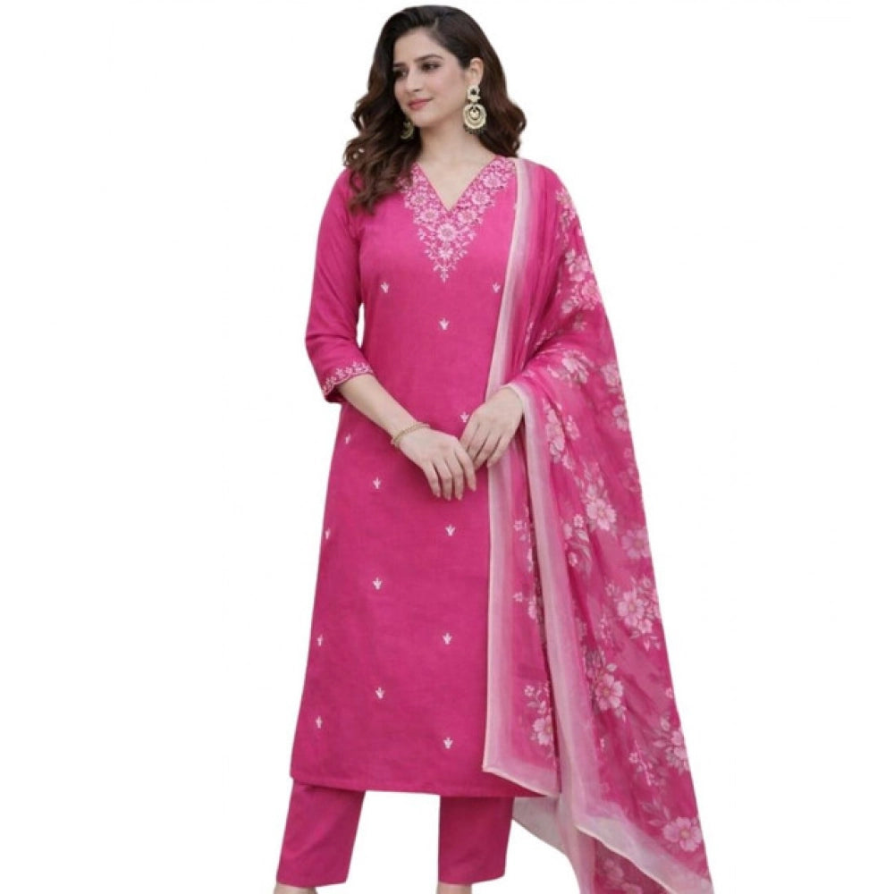 Generic Women's Chanderi Silk Ethnic Motif V-Neck 3/4th Sleeve Kurti With Pant Dupatta Set (Pink)