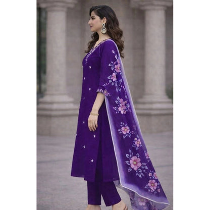 Generic Women's Chanderi Silk Ethnic Motif V-Neck 3/4th Sleeve Kurti With Pant Dupatta Set (Purple)