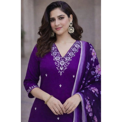 Generic Women's Chanderi Silk Ethnic Motif V-Neck 3/4th Sleeve Kurti With Pant Dupatta Set (Purple)