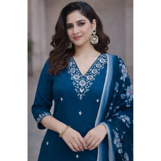 Generic Women's Chanderi Silk Ethnic Motif V-Neck 3/4th Sleeve Kurti With Pant Dupatta Set (Teal)