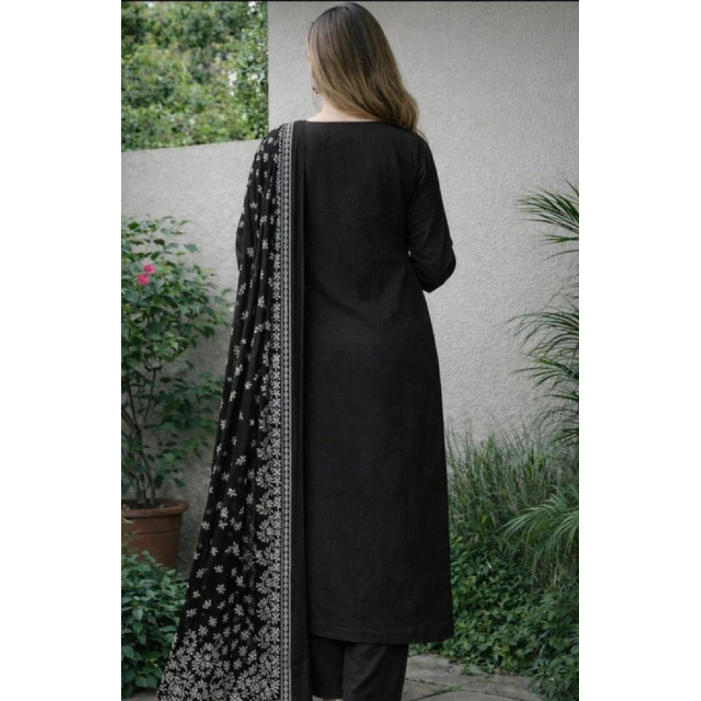 Generic Women's Chanderi Silk Ethnic Motif Round 3/4th Sleeve Kurti With Pant Dupatta Set (Black)