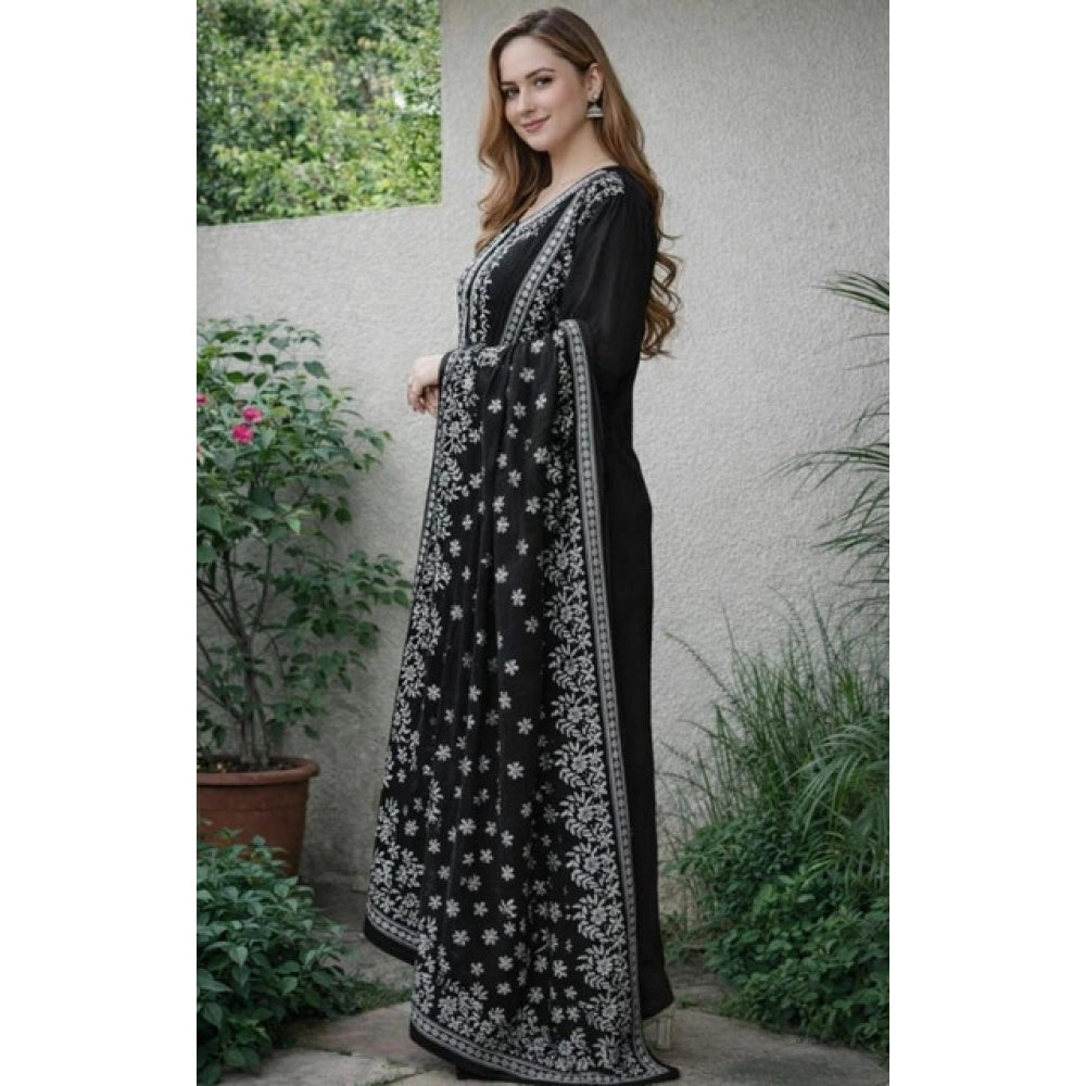 Generic Women's Chanderi Silk Ethnic Motif Round 3/4th Sleeve Kurti With Pant Dupatta Set (Black)