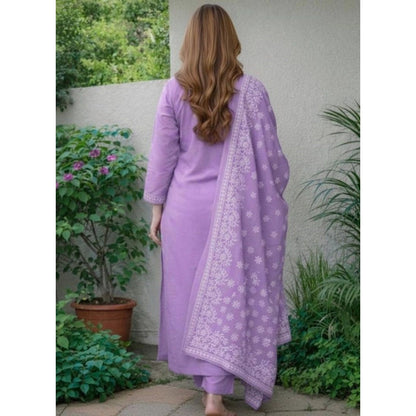 Generic Women's Chanderi Silk Ethnic Motif Round 3/4th Sleeve Kurti With Pant Dupatta Set (Lavender)
