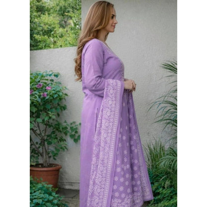 Generic Women's Chanderi Silk Ethnic Motif Round 3/4th Sleeve Kurti With Pant Dupatta Set (Lavender)
