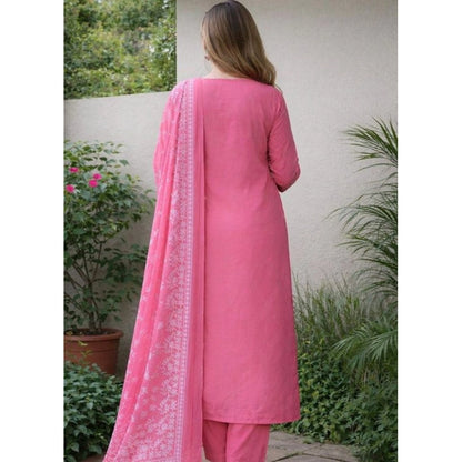 Generic Women's Chanderi Silk Ethnic Motif Round 3/4th Sleeve Kurti With Pant Dupatta Set (Pink)