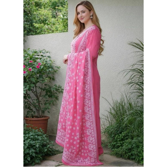 Generic Women's Chanderi Silk Ethnic Motif Round 3/4th Sleeve Kurti With Pant Dupatta Set (Pink)