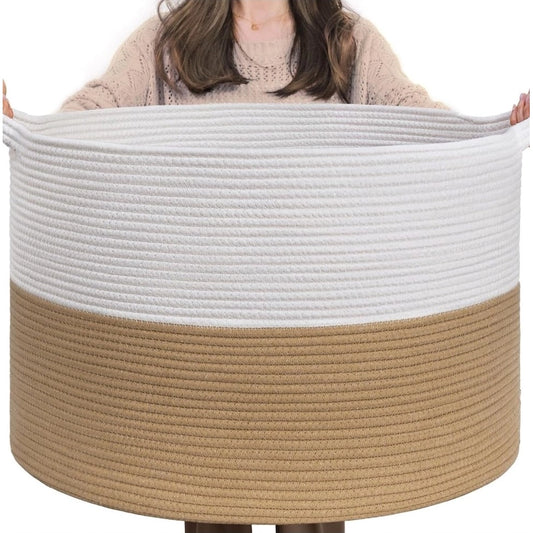 Generic Cotton Pack Of_1 16x14 Inch Storage Basket For Clothes With Out Lid (Beige-White)