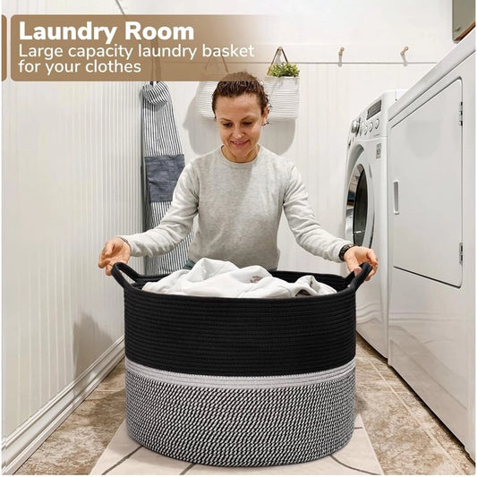 Generic Cotton Dori 16x14 Inch Storage Basket For Clothes With Out Lid (Black-Black-White)