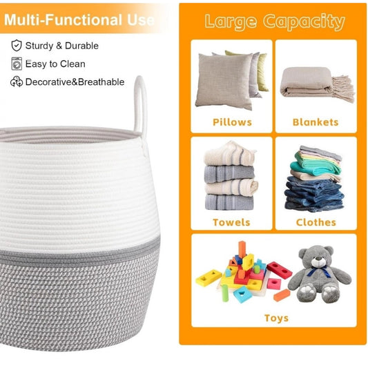Generic Cotton Matka With Handle 14x12 Inch Storage Basket For Clothes With Out Lid (Gray-White)