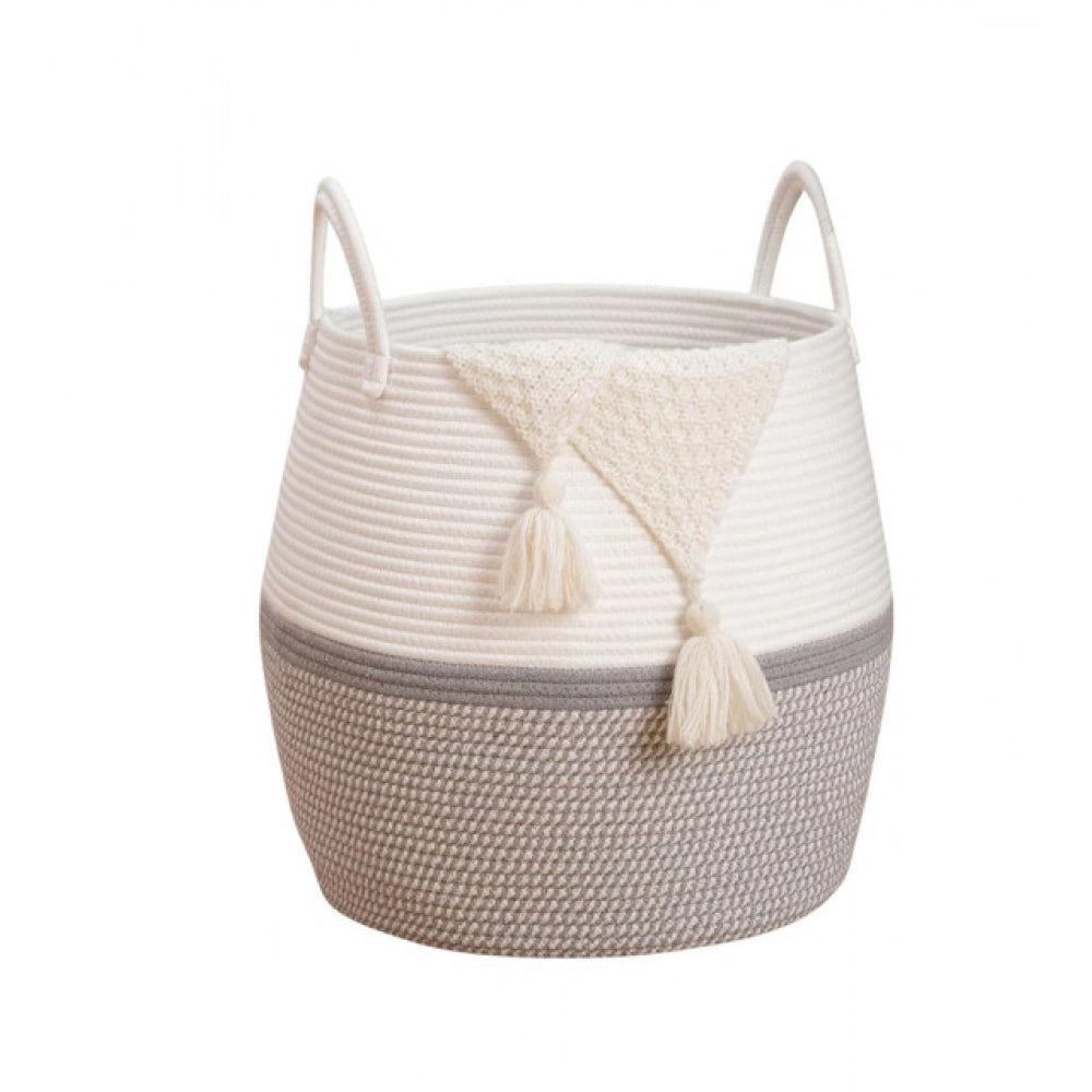 Generic Cotton Matka With Handle 14x12 Inch Storage Basket For Clothes With Out Lid (Gray-White)
