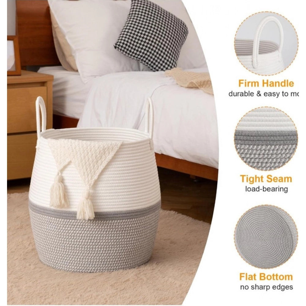 Generic Cotton Matka With Handle 14x12 Inch Storage Basket For Clothes With Out Lid (Gray-White)