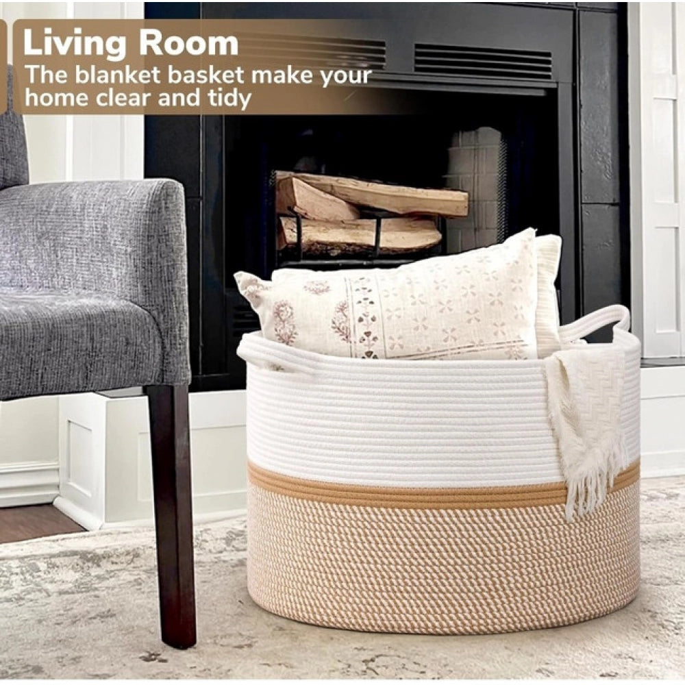 Generic Cotton Dori 16x14 Inch Storage Basket For Clothes With Out Lid (White-Beige-White)