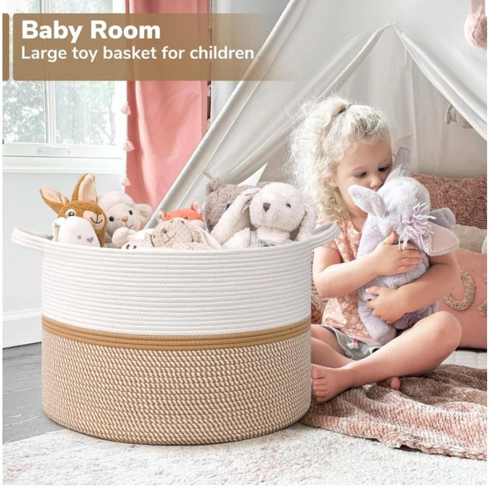 Generic Cotton Dori 16x14 Inch Storage Basket For Clothes With Out Lid (White-Beige-White)