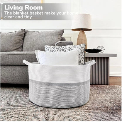 Generic Cotton Dori 16x14 Inch Storage Basket For Clothes With Out Lid (White-Gray-White)