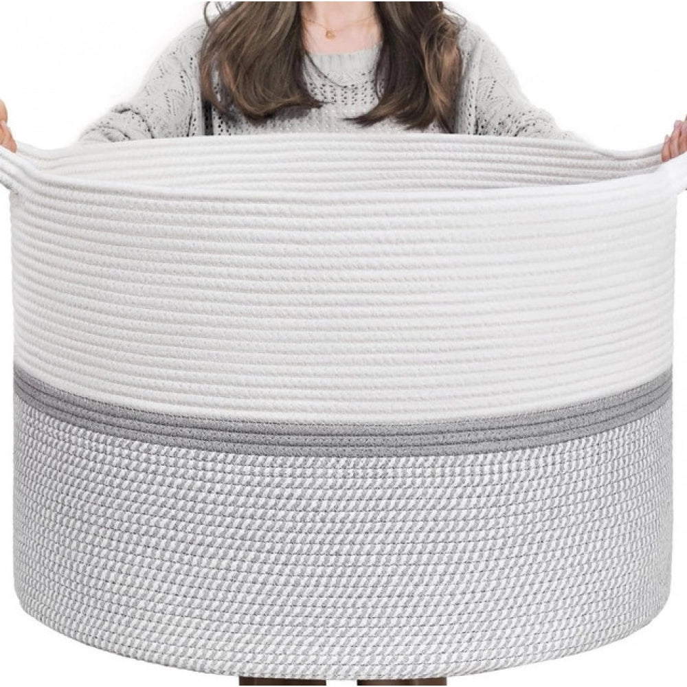 Generic Cotton Dori 16x14 Inch Storage Basket For Clothes With Out Lid (White-Gray-White)