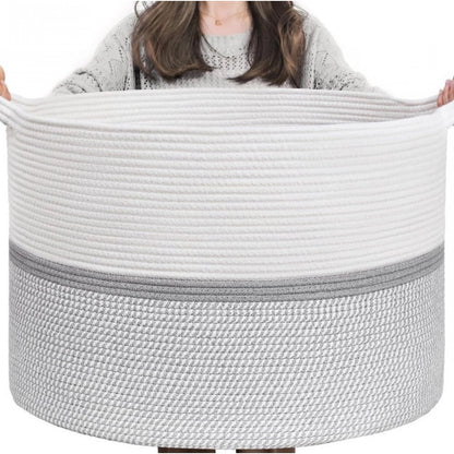 Generic Cotton Dori 16x14 Inch Storage Basket For Clothes With Out Lid (White-Gray-White)