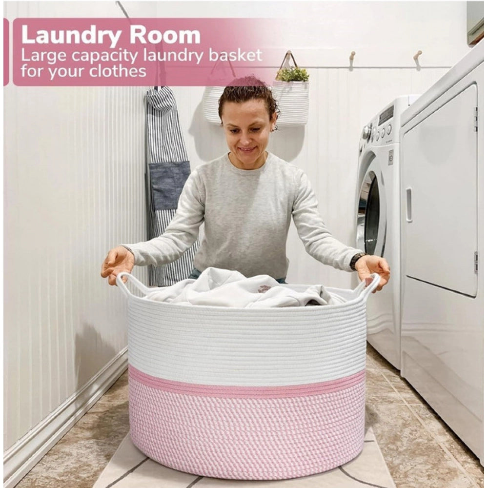 Generic Cotton Dori 16x14 Inch Storage Basket For Clothes With Out Lid (White-Pink-White)