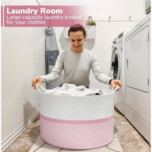 Generic Cotton Dori 16x14 Inch Storage Basket For Clothes With Out Lid (White-Pink-White)
