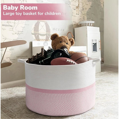 Generic Cotton Dori 16x14 Inch Storage Basket For Clothes With Out Lid (White-Pink-White)