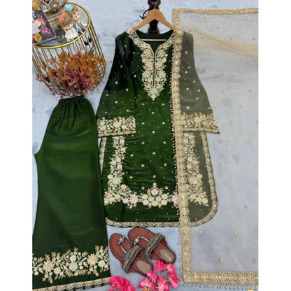 Generic Women's Silk Embroidered 3/4th Sleeve Round Kurti With Palazzo Pant and Dupatta Set (Dark Green)