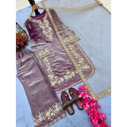 Generic Women's Silk Embroidered 3/4th Sleeve Round Kurti With Palazzo Pant and Dupatta Set (Lavender)